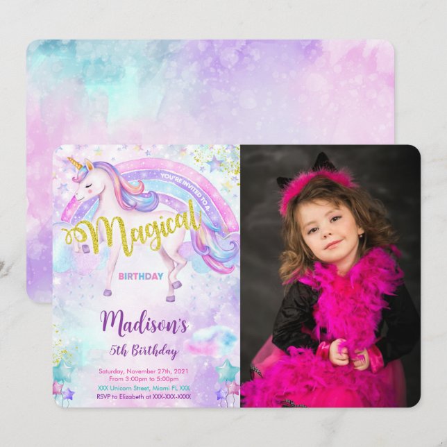 Invitation photo de licorne magique  (Devant / Derrière)