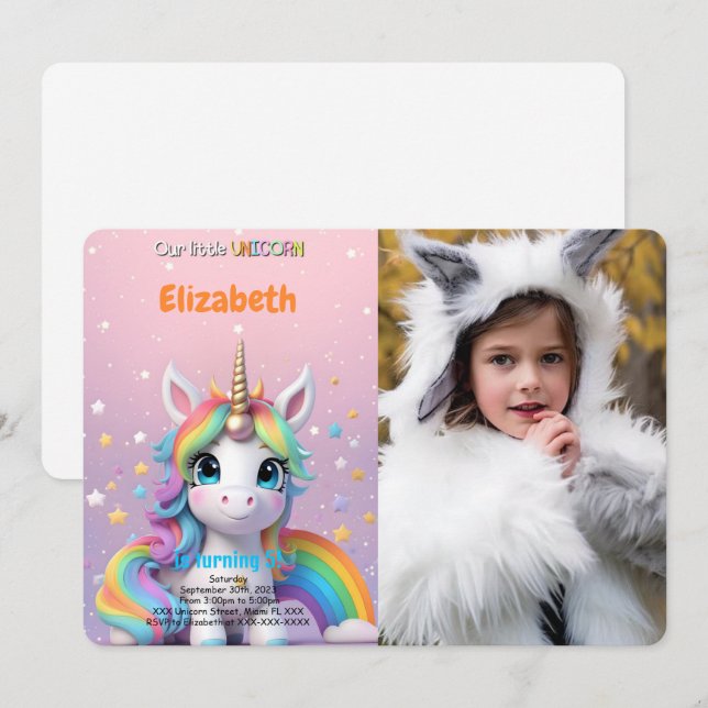 Invitation Photo de licorne pour 5e anniversaire (Devant / Derrière)