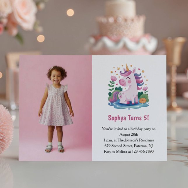 Invitation Photo de licorne rose mignonne pour fête d'anniver (Créateur téléchargé)