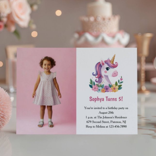 Invitation Photo de licorne violette mignonne pour fête d'ann (Créateur téléchargé)