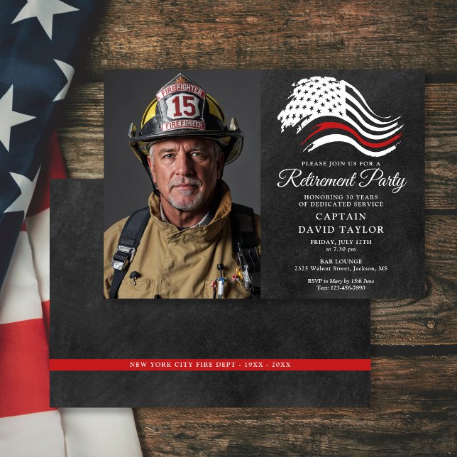 Invitation Photo de ligne rouge fine pour la fête de retraite (Firefighter Retirement Party Thin Red Line Photo Invitation)