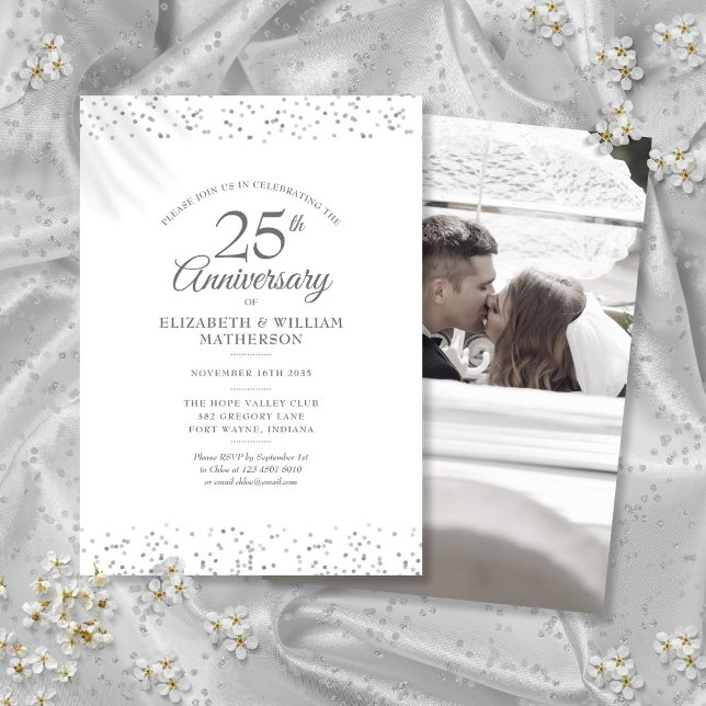 Invitation Photo de mariage 25e anniversaire Confettis argent (25th Anniversary Wedding Photo Silver Confetti Invitation)