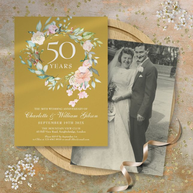 Invitation Photo de mariage 50e anniversaire de mariage doré  (Wedding Photo 50th Golden Anniversary Floral Invitation)