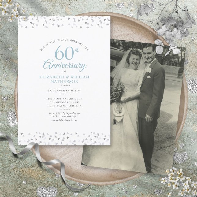 Invitation Photo de mariage 60e anniversaire de mariage coeur (Wedding Photo 60th Anniversary Hearts Confetti Invitation)