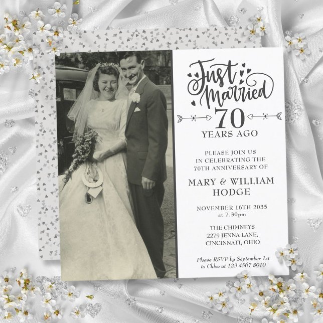 Invitation Photo de mariage 70e anniversaire Just Married car (70th Anniversary Just Married Wedding Photo Square Invitation)
