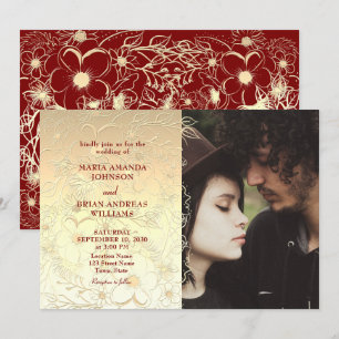 Invitation photo de mariage à dentelle florale dor