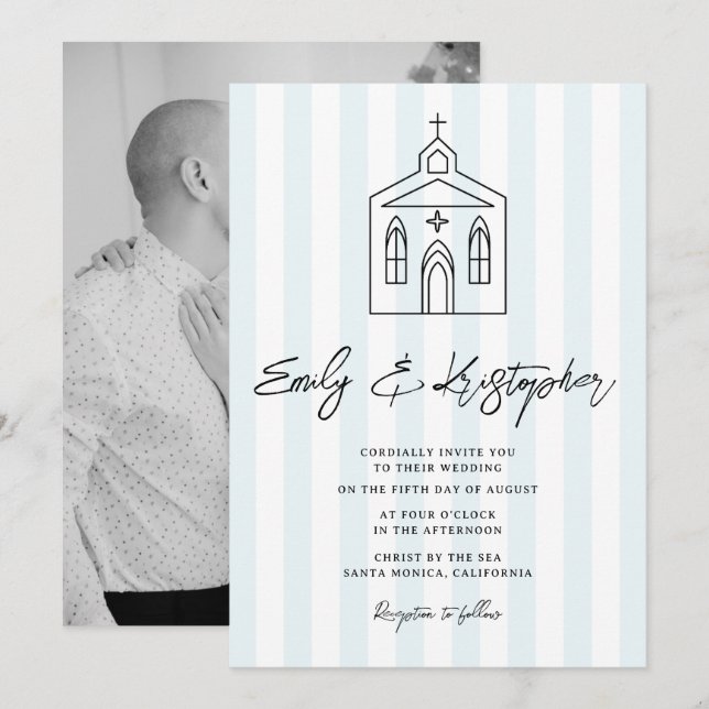 Invitation Photo de mariage à la chapelle rayée (Devant / Derrière)