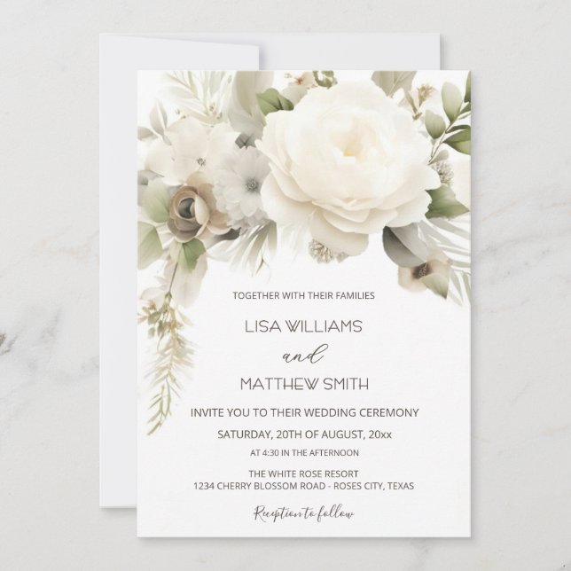 Invitation Photo de mariage à la rose blanche rêveuse (Devant)