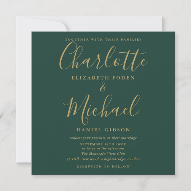 Invitation Photo de mariage à l'écriture verte émeraude et or (Devant)