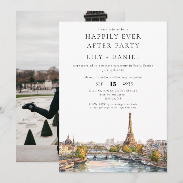 Invitation Photo de mariage à Paris France Happily Ever After (Devant / Derrière)