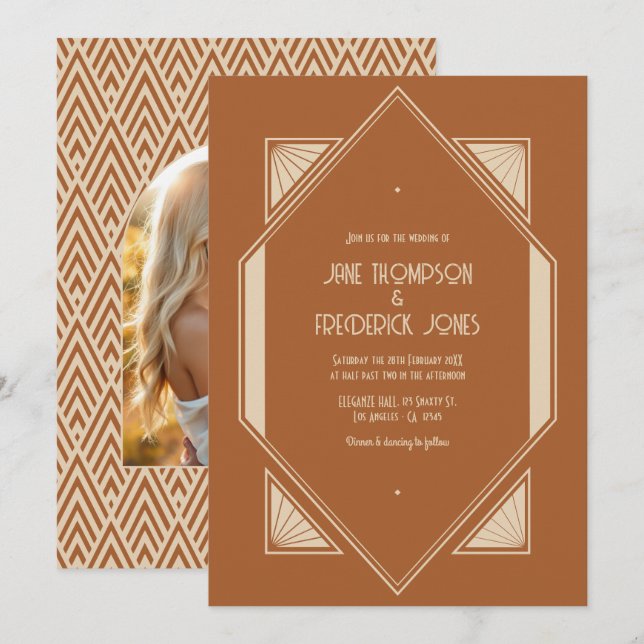 Invitation Photo de mariage Art Déco aux tons de Sienne brûlé (Devant / Derrière)