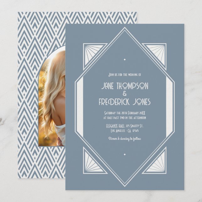 Invitation Photo de mariage Art Déco Bleu Ardoise & Blanc Per (Devant / Derrière)