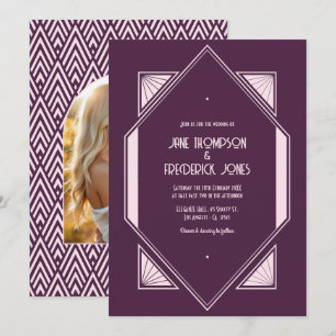 Invitation Photo de mariage Art Déco en velours de prune et b