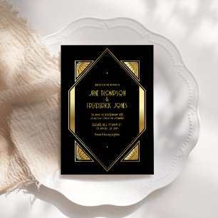 Invitation Photo de mariage Art déco noir et or doré