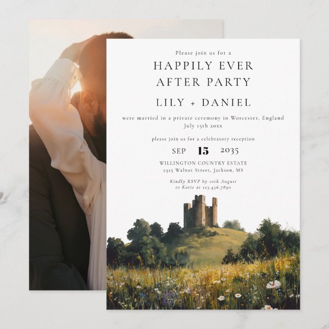 Invitation Photo de mariage au château floral Happily Ever Af (Devant / Derrière)