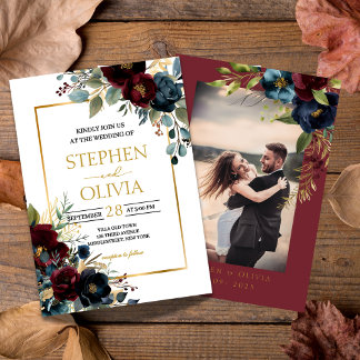 Invitation Photo de mariage aux floraisons burgondes élégante