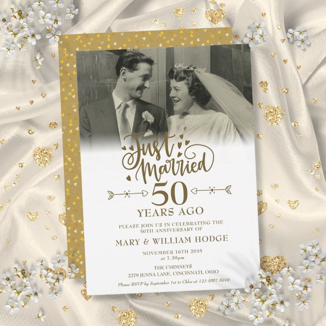 Invitation Photo de mariage avec 50 ans de mariage (Just Married Photo 50th Wedding Anniversary Invitation)