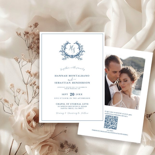 Invitation Photo de mariage avec code QR et blason floral ble (Créateur téléchargé)