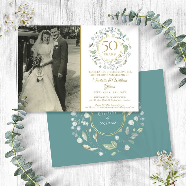 Invitation Photo de mariage avec feuillage floral pour le 50e (50th Anniversary Wedding Photo Floral Greenery Invitation)