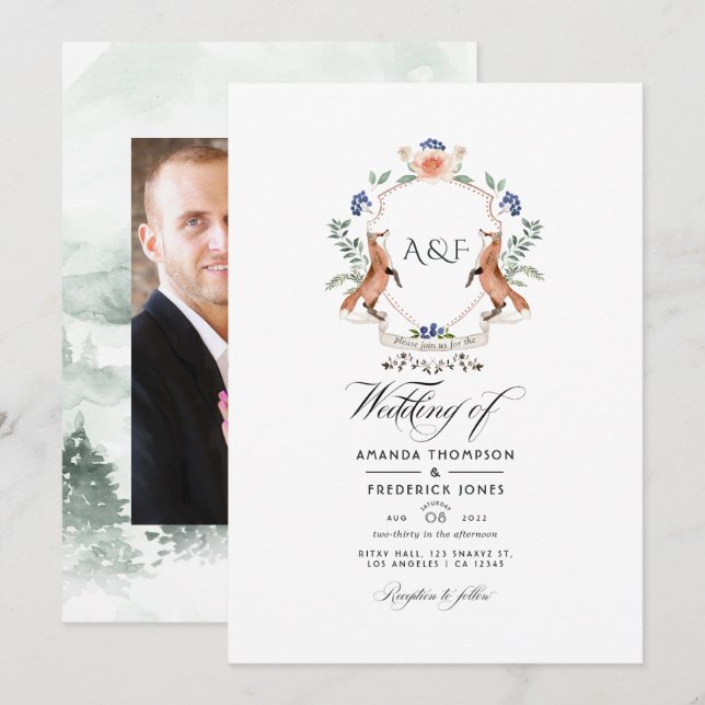Invitation Photo de mariage avec monogramme de crête de lauri (Devant / Derrière)
