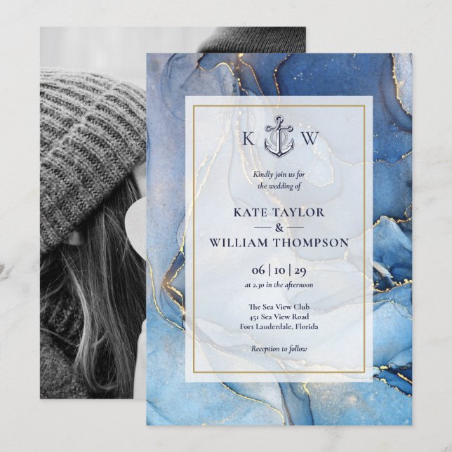 Invitation Photo de mariage avec monogramme en agate bleu or  (Devant / Derrière)