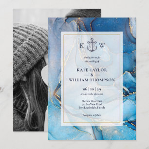 Invitation Photo de mariage avec monogramme en agate bleu or