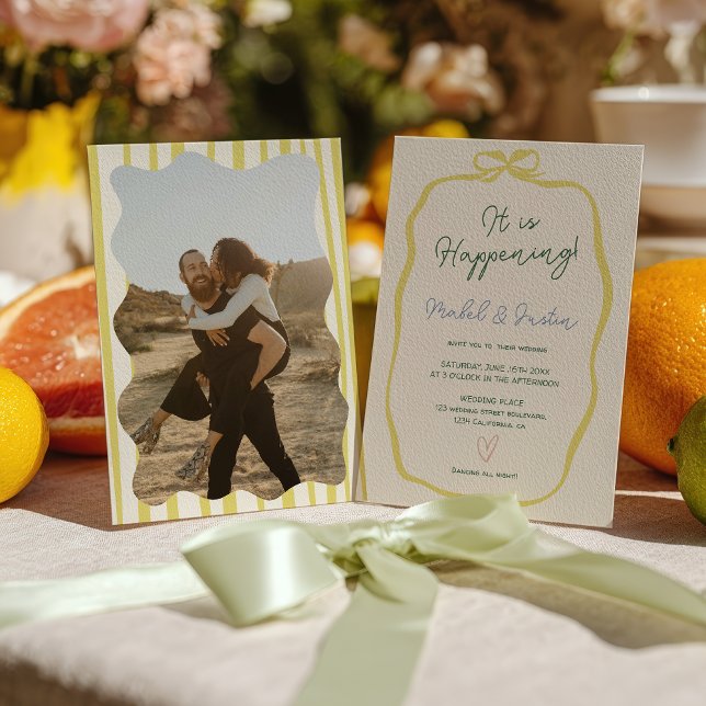 Invitation Photo de mariage avec un ruban jaune citron et un  (Citrus Yellow Green Ribbon Bow Photo Wedding Invitation)