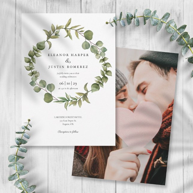 Invitation Photo de mariage avec verdure de bois d'eucalyptus (Créateur téléchargé)