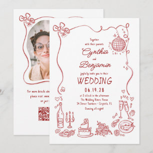 Invitation Photo de mariage burgundy rétro dessiné à la main
