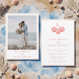 Invitation Photo de mariage Coquilles Roses Aquarelle Plage C
