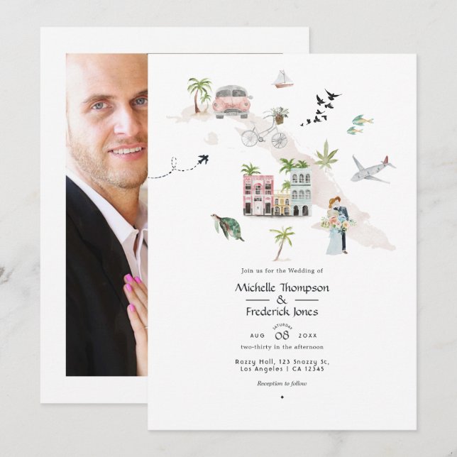 Invitation Photo de mariage de destination aquarelle Cuba (Devant / Derrière)