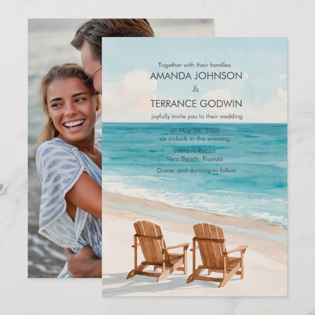 Invitation Photo de mariage de destination de plage à l'aquar (Devant / Derrière)