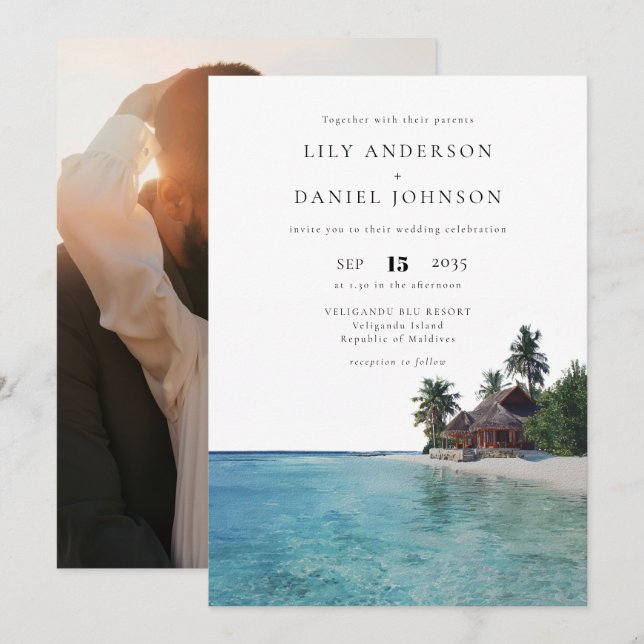 Invitation Photo de mariage de destination de plage tropicale (Devant / Derrière)