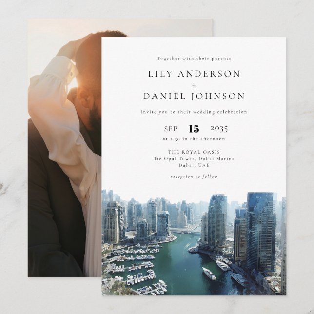 Invitation Photo de mariage de destination sur la skyline de  (Devant / Derrière)