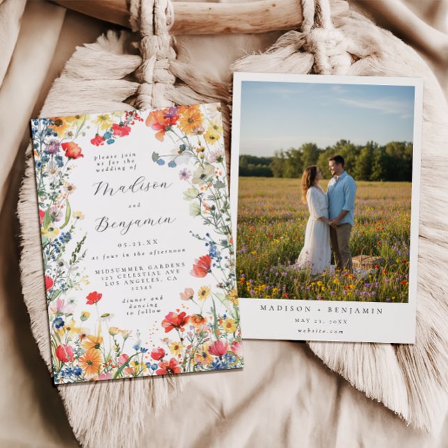 Invitation Photo de mariage de fleur sauvage audacieuse (Créateur téléchargé)