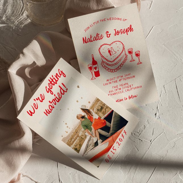 Invitation Photo de mariage de gâteau original rouge dessiné  (Créateur téléchargé)