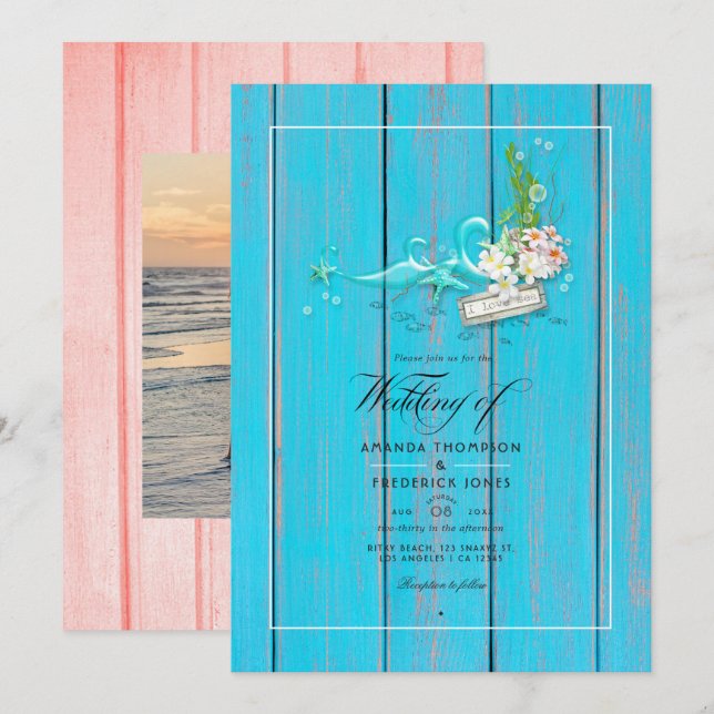 Invitation Photo de mariage de plage de turquoise et de corai (Devant / Derrière)