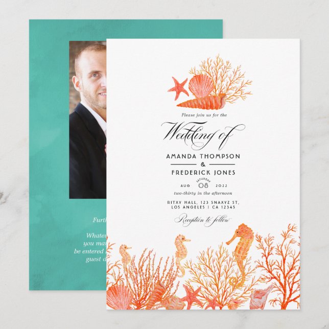 Invitation Photo de mariage de plage turquoise et corail (Devant / Derrière)