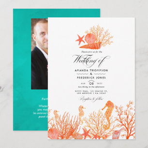 Invitation Photo de mariage de plage turquoise et corail
