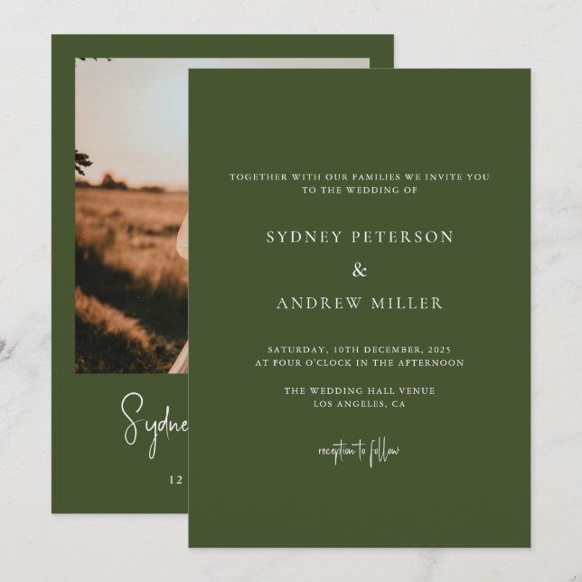 Invitation Photo de mariage d'été vert olive moderne (Devant / Derrière)