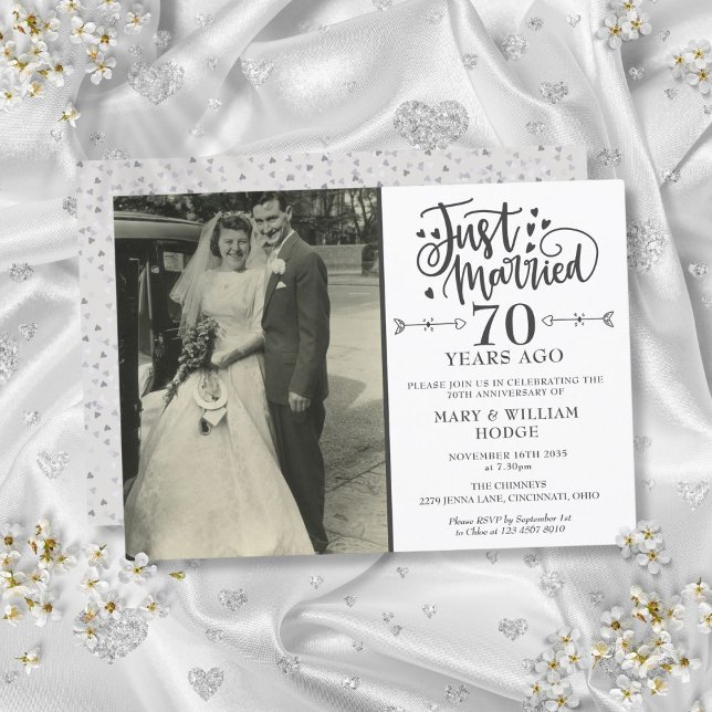 Invitation Photo de mariage du 70e anniversaire de mariage (Just Married 70th Anniversary Wedding Photo Invitation)