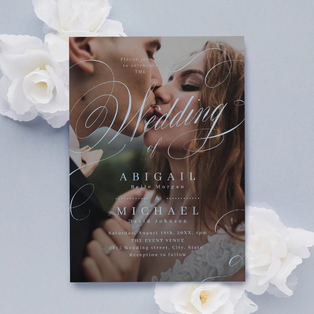 Invitation photo de mariage élégant classique bleu calligraph (blue elegant classic calligraphy photo wedding invitation)