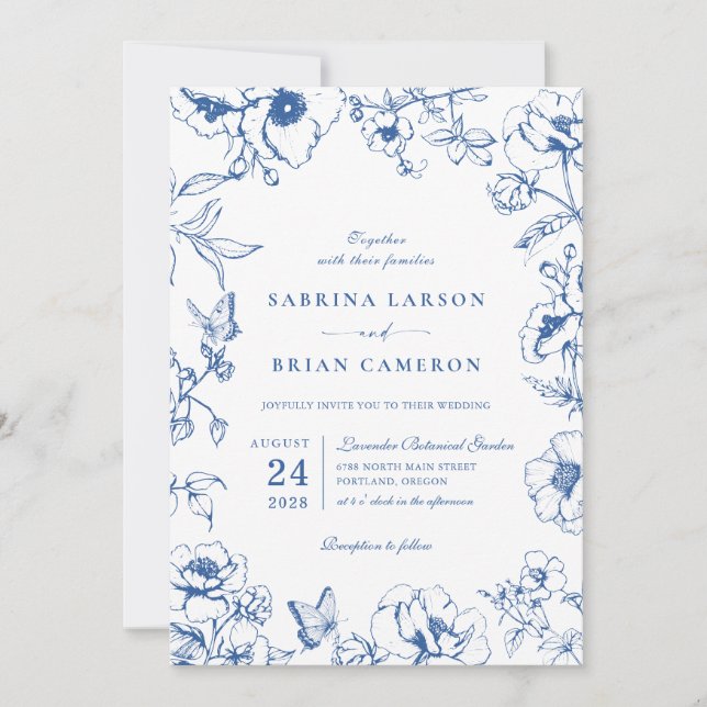 Invitation Photo de mariage élégant de jardin floral bleu roy (Devant)