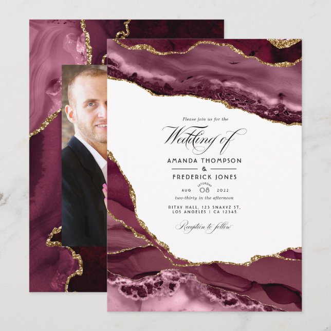 Invitation Photo de mariage en agate bordeaux et or (Devant / Derrière)