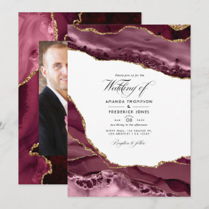 Invitation Photo de mariage en agate bordeaux et or