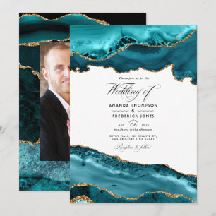 Invitation Photo de mariage en agate sarcelle et or