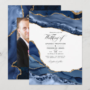 Invitation Photo de mariage en pierre d'agate Navy et Or