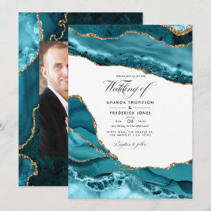 Invitation Photo de mariage en pierre d'agate sarcelle et or