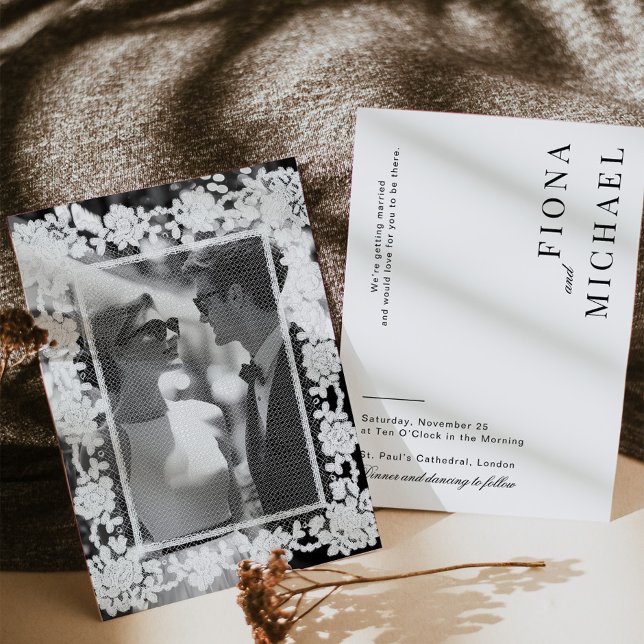 Invitation Photo de mariage en typographie de dentelle noir e (Créateur téléchargé)