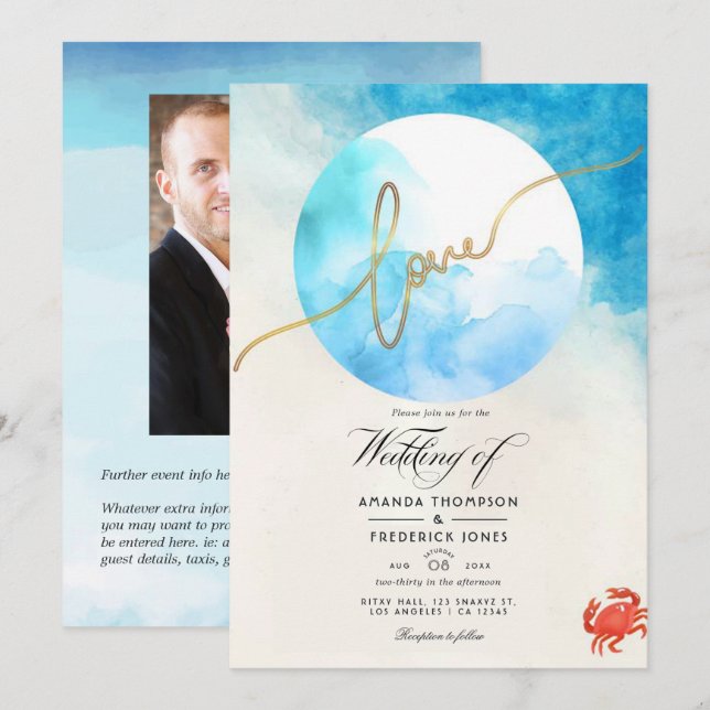 Invitation Photo de mariage estival à l'aquarelle sur la plag (Devant / Derrière)